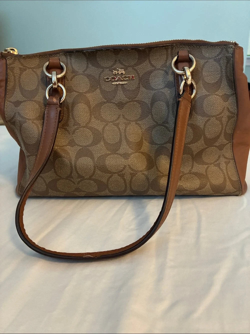 Coach Brown Signature Canvas Shoulder Bag with Leather Trim